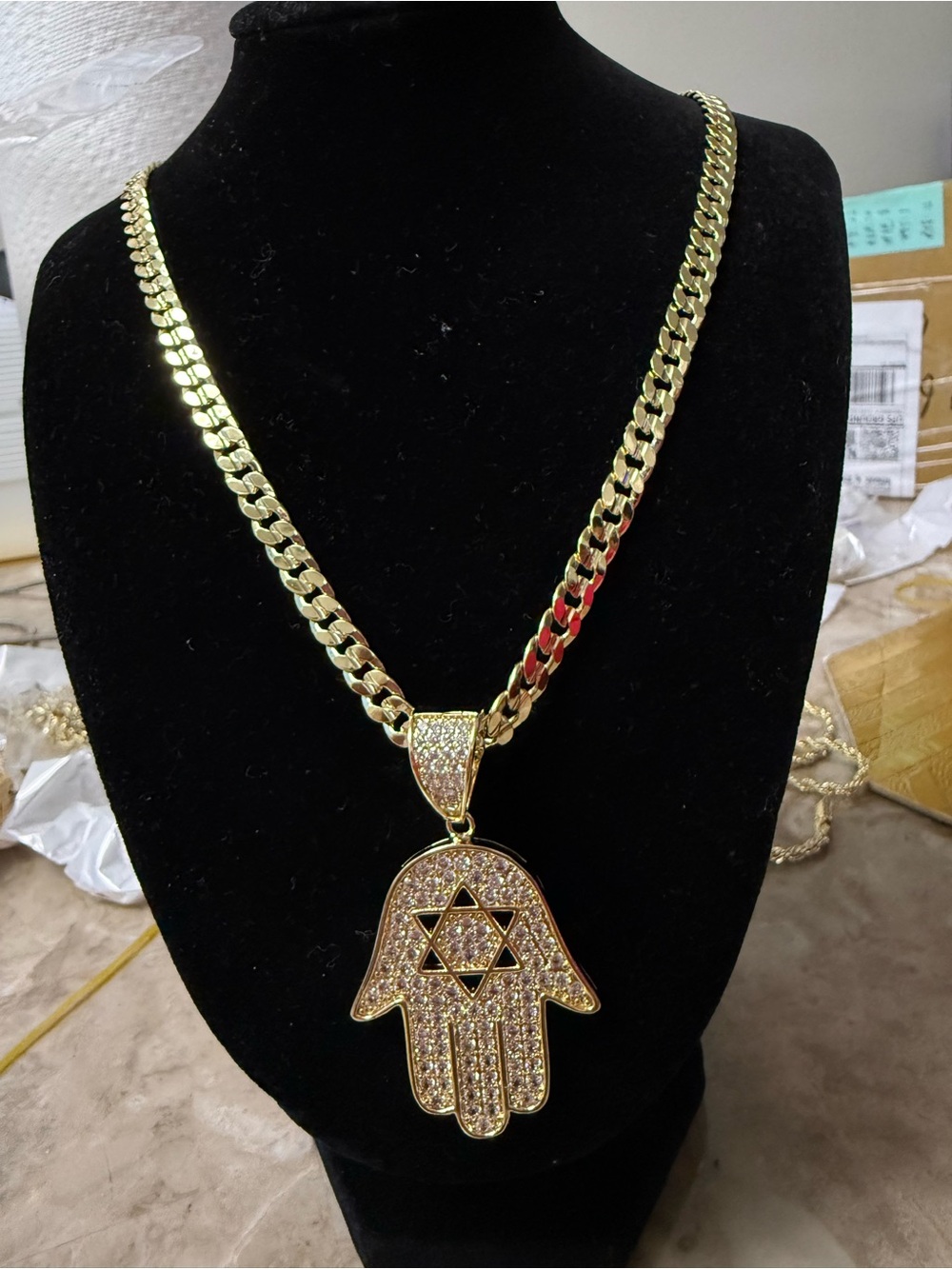 Gold Hamsa Hand Pendant Necklace with Star Accent - Women Jewelry